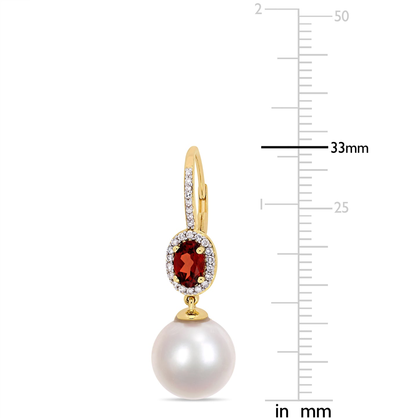 Pearl, Garnet & Diamond Oval Drop Earrings in 10k Yellow Gold