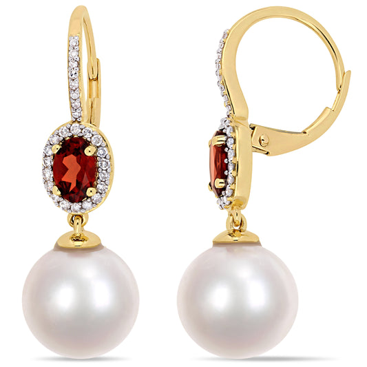Pearl, Garnet & Diamond Oval Drop Earrings in 10k Yellow Gold