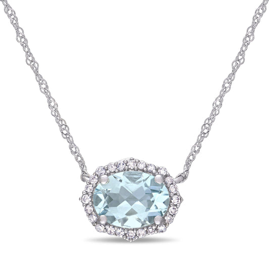 Aquamarine & Diamond Halo Necklace in 10k White Gold
