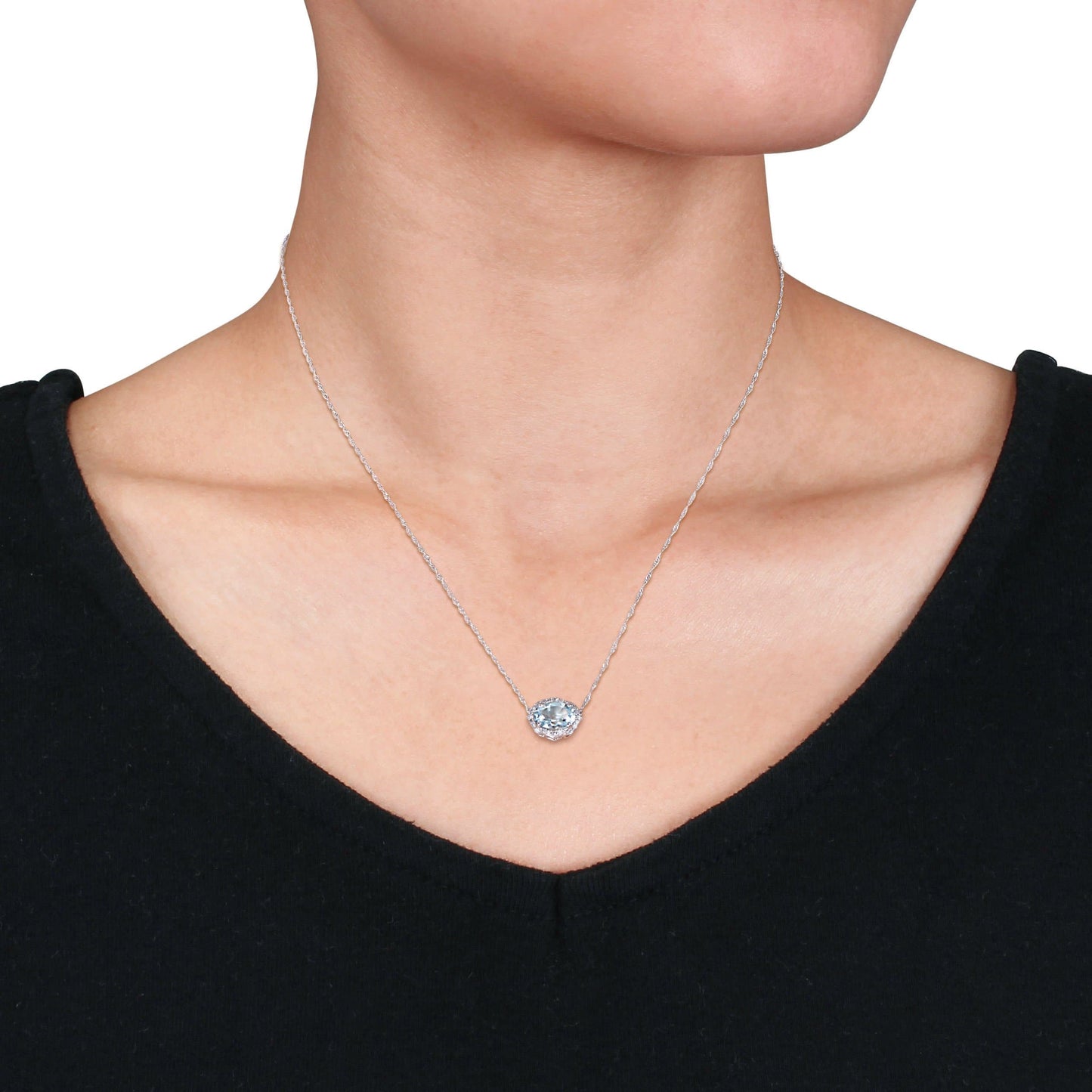 Aquamarine & Diamond Halo Necklace in 10k White Gold