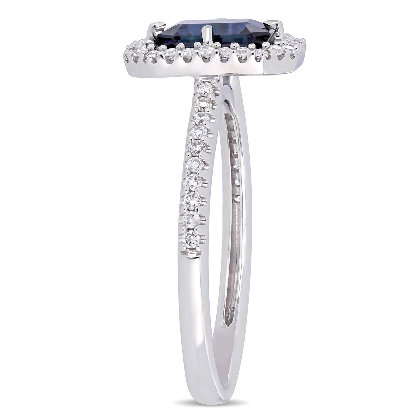 Emerald Cut Sapphire & Diamond Floating Ring in 14k White Gold