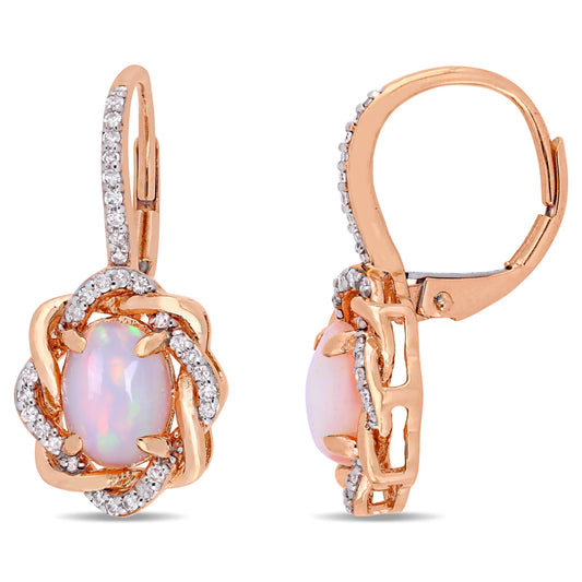 Sophia B Blue Ethiopian Opal & Diamond Halo Earrings in 10k Rose Gold