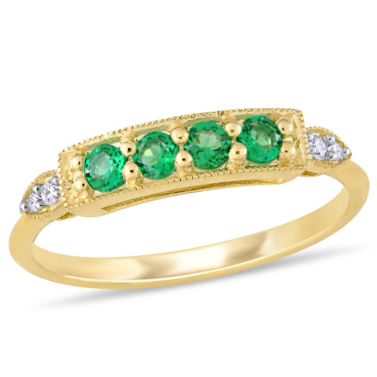 Emerald & Diamond Bar Ring in 10k Yellow Gold