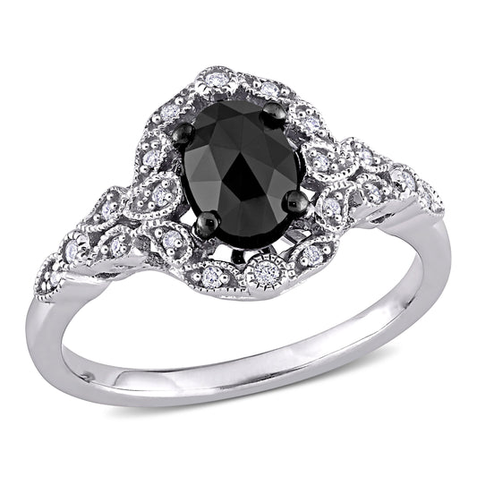 Oval Cut Black & White Diamond Ring in 14k White gold