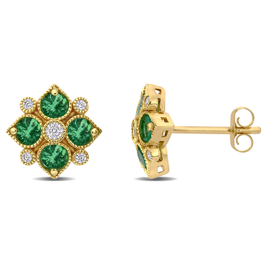 Floral Cluster Emerald & Diamond Earrings 14k Yellow Gold