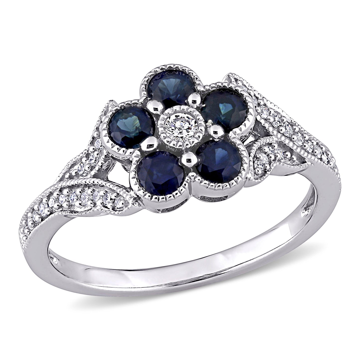 Flower Sapphire & Diamond  And  Blue Sapphire Fashion Ring 10k White Gold
