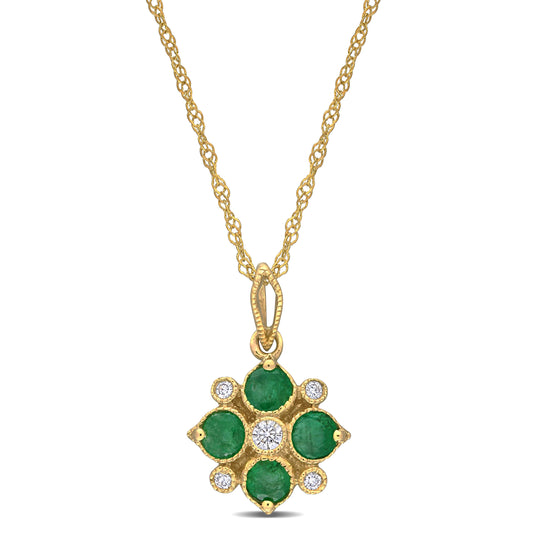 Floral Cluster Emerald & Diamond Pendant 14k Yellow Gold
