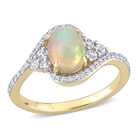 Ethiopian Opal White Sapphire & Diamond Ring in 10k Yellow Gold