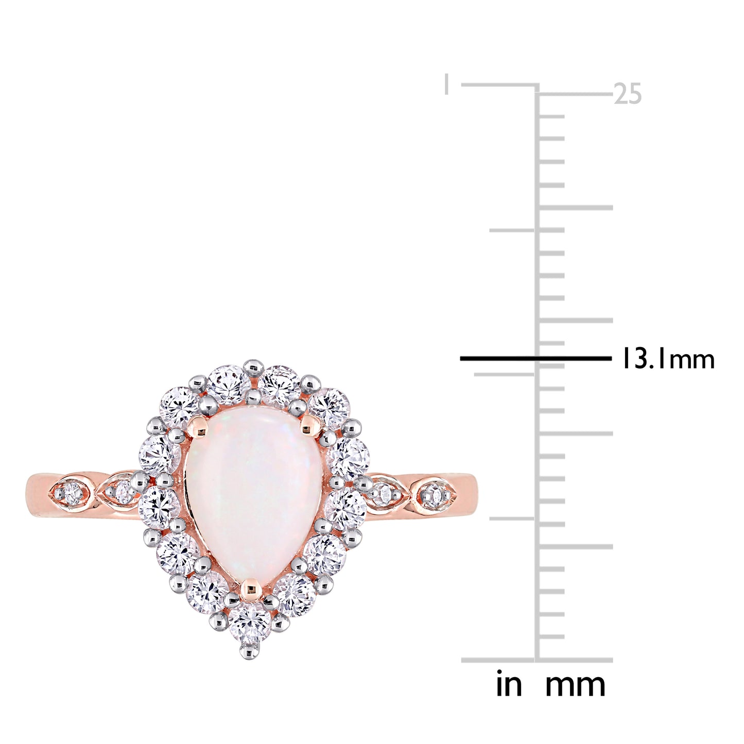 Opal White Sapphire & Diamond Pear Halo Ring in 10k Rose Gold