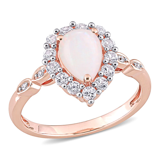 Opal White Sapphire & Diamond Pear Halo Ring in 10k Rose Gold