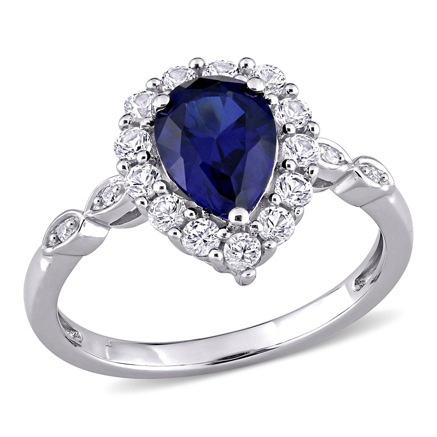 Pear Cut Blue & White Sapphire and Diamond Ring in 10k White Gold