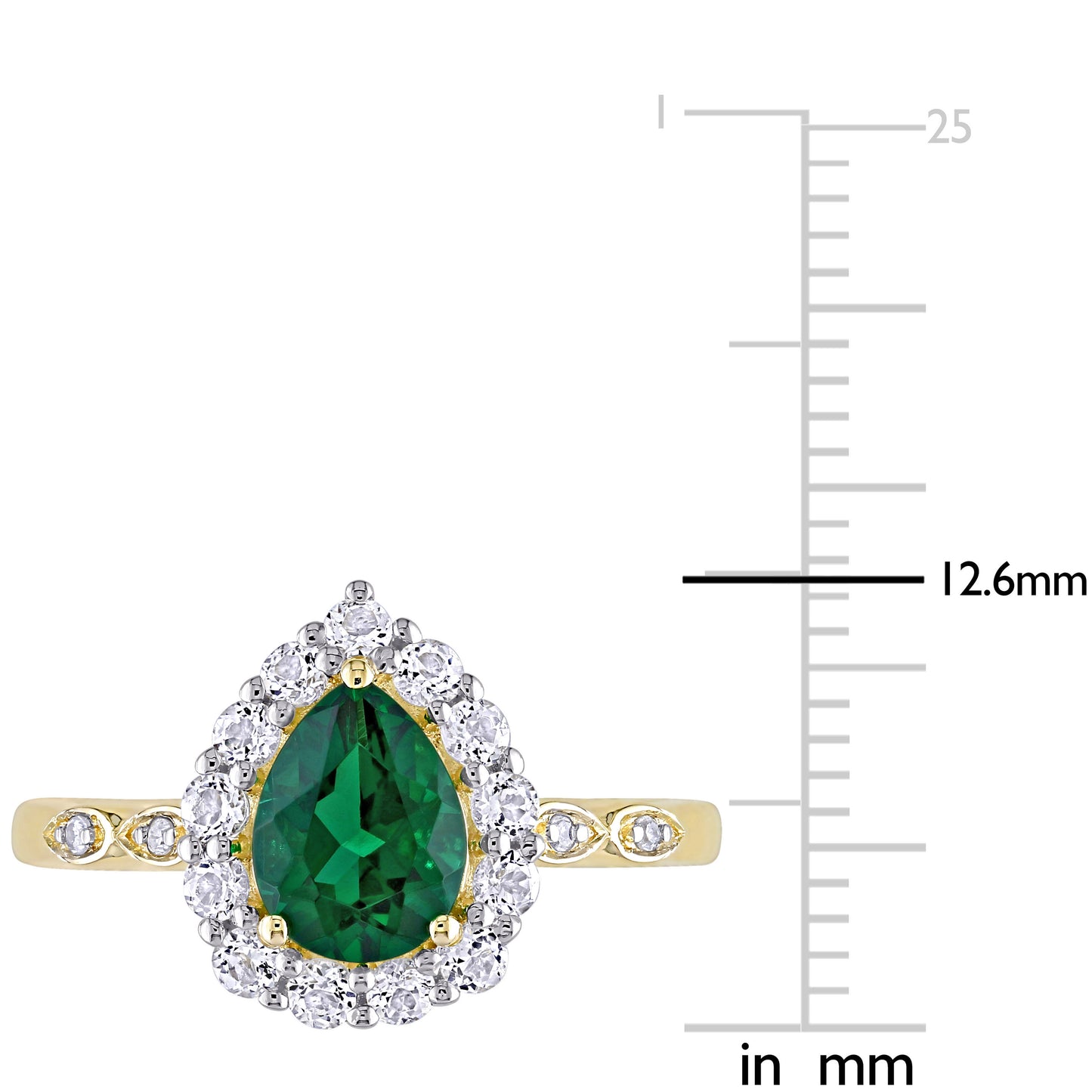 Pear Cut Created Emerald & White Topaz & Diamond Ring 10k Yellow Gold
