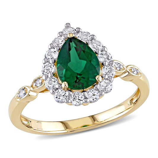 Pear Cut Created Emerald & White Topaz & Diamond Ring 10k Yellow Gold