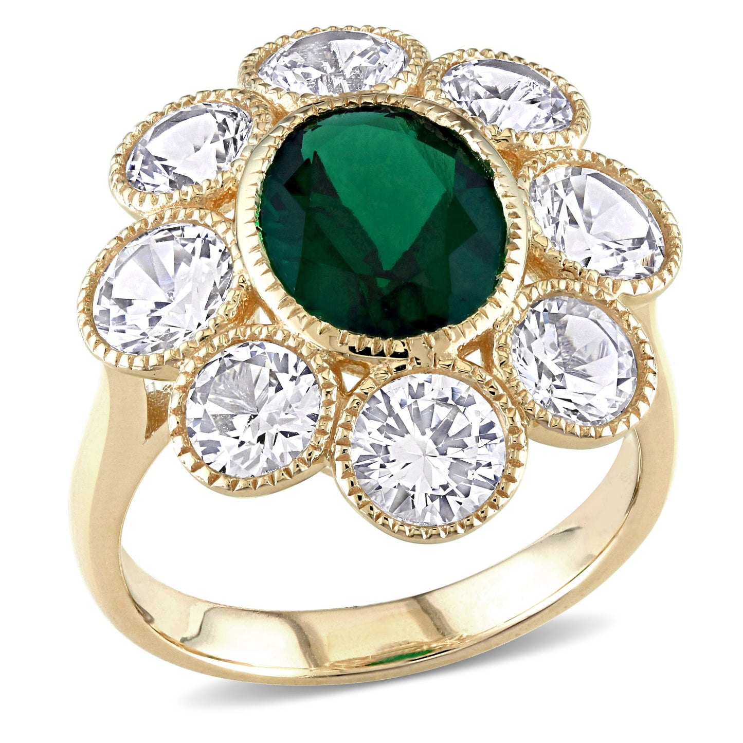 Emerald & White Sapphire Flower Ring in 10k Yellow Gold