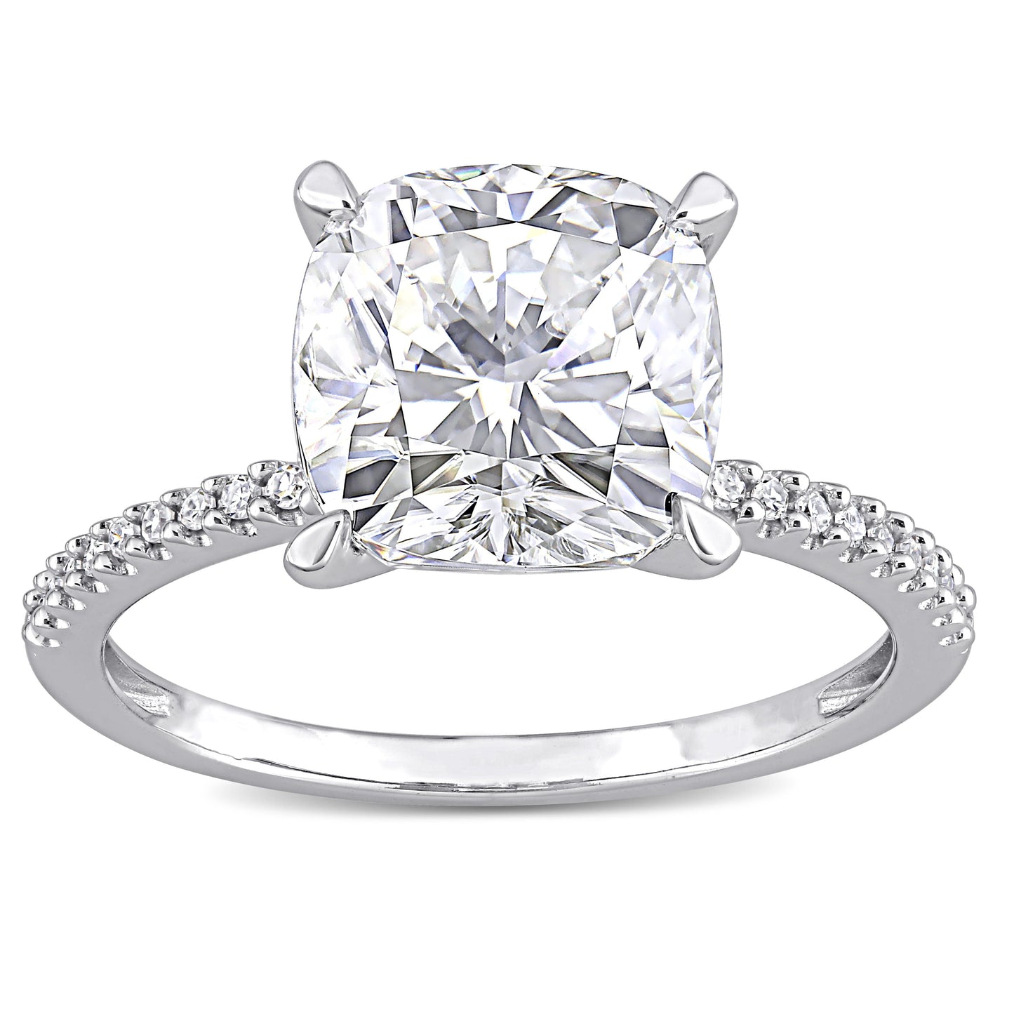 Cushion Cut Moissanite & Diamond Ring in 14k White