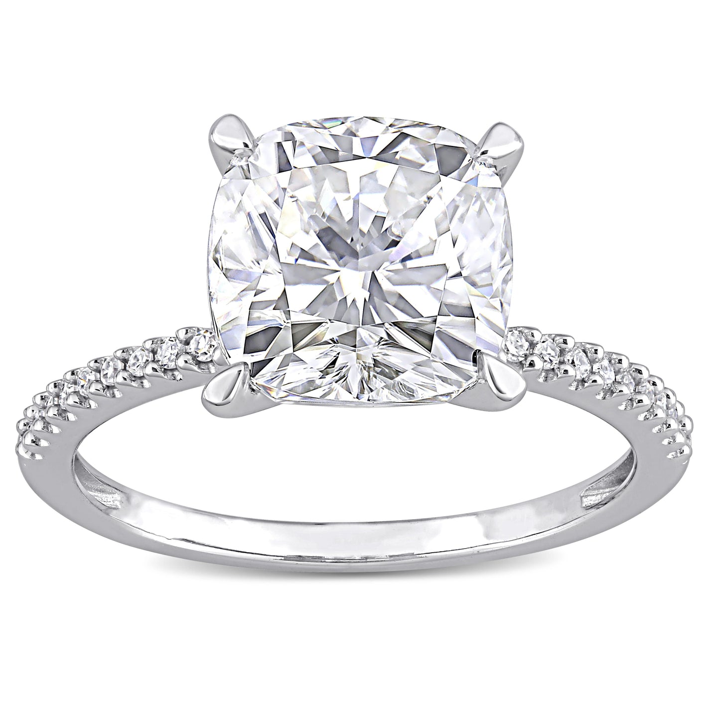 Cushion Cut Moissanite & Diamond Ring in 14k White