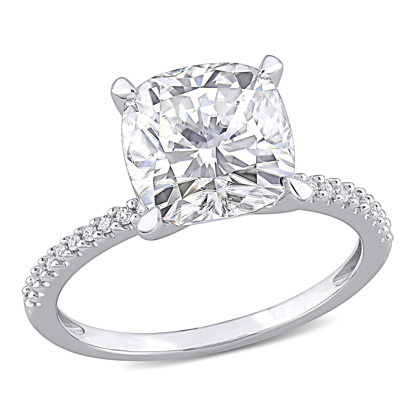 Cushion Cut Moissanite & Diamond Ring in 14k White