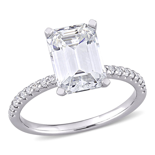 Emerald Cut Moissanite Pavé Ring in 10k White Gold