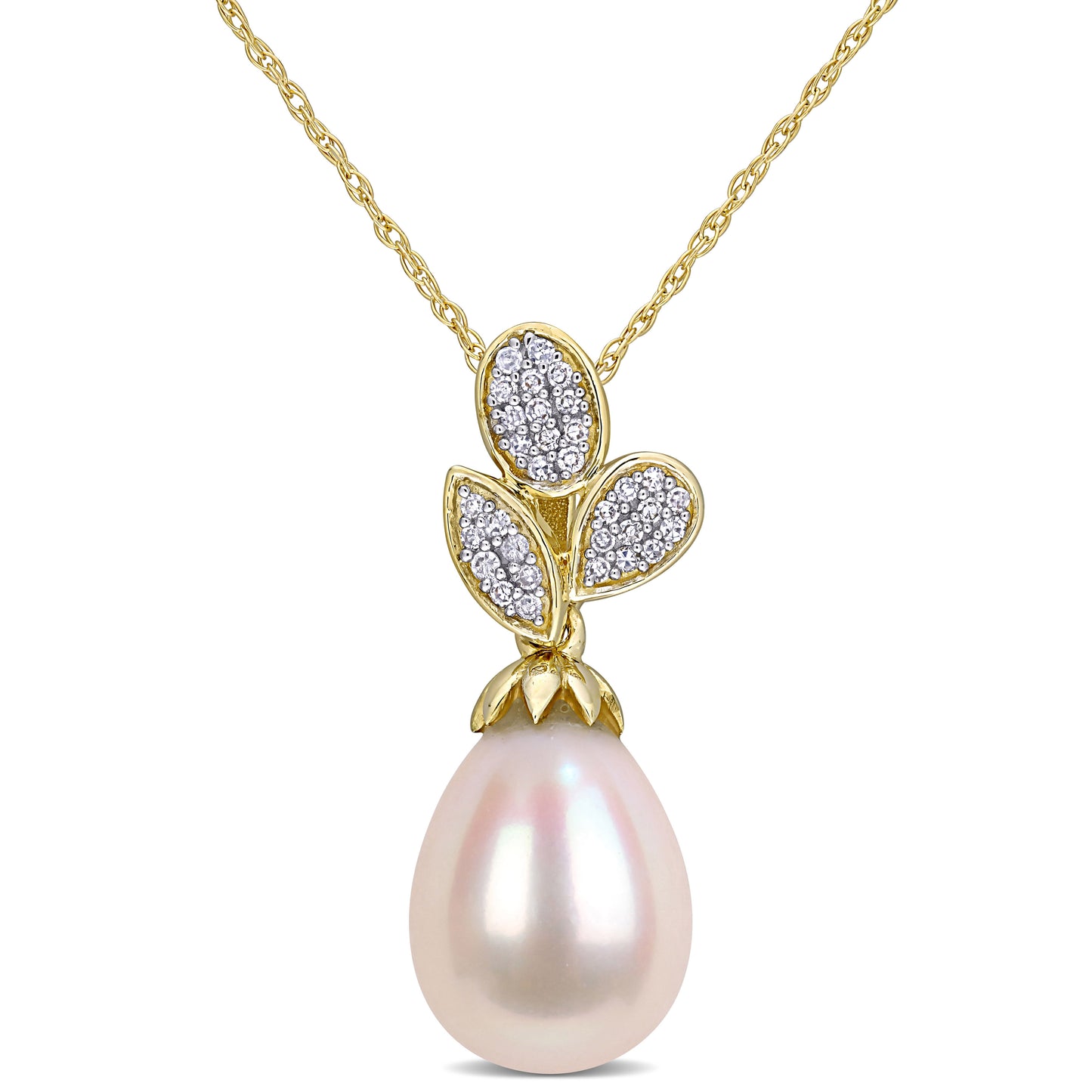 Pearl & Diamond Leaf Necklace in 10k Yellow Gold