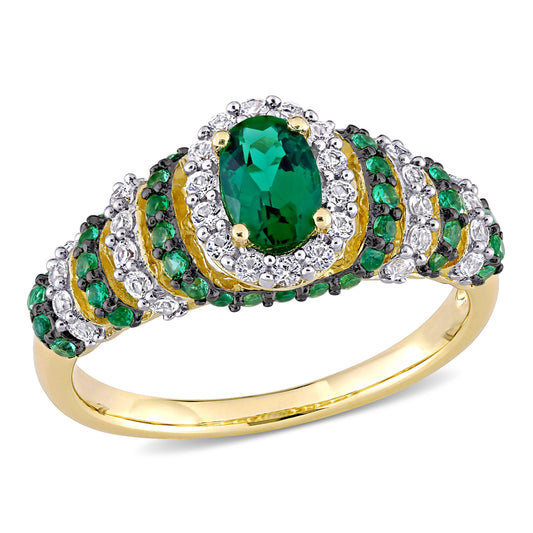 Created Emerald & White Sapphire Ring in Yellow Sterling Silver