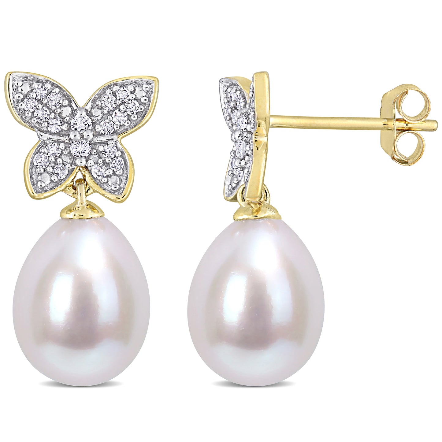 Pearl & Diamond Butterfly Drop Earrings in 10k Yellow Gold