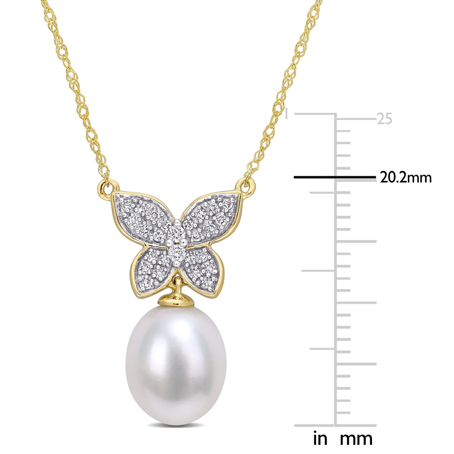Pearl & Diamond Butterfly Drop Necklace in 10k Yellow Gold