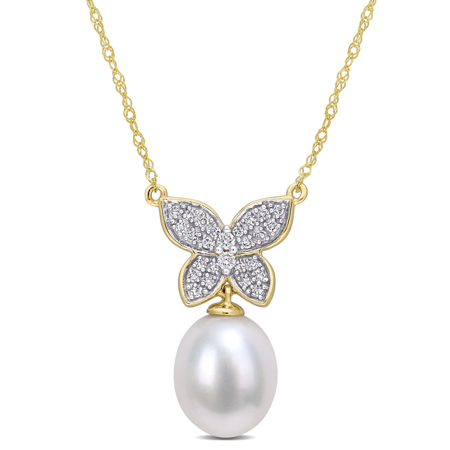 Pearl & Diamond Butterfly Drop Necklace in 10k Yellow Gold