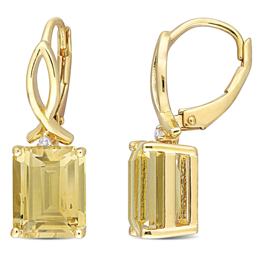 6 1/4ct Emerald Cut Citrine & White Topaz Earrings in Yellow Silver