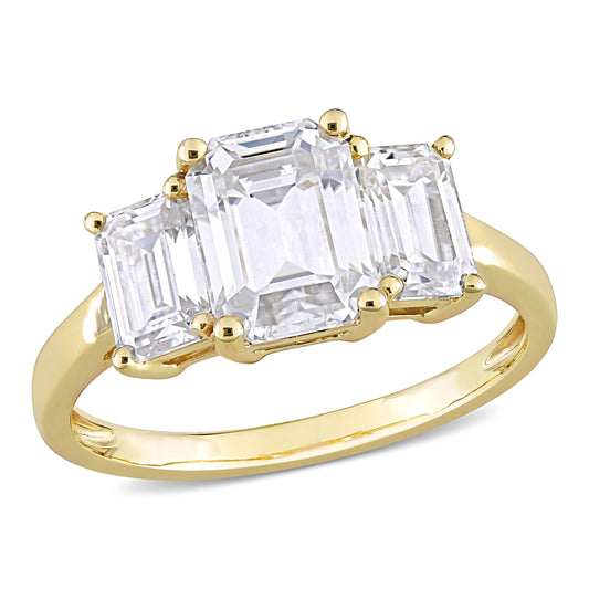 3-Stone Emerald Moissanite Ring in 10k Yellow Gold
