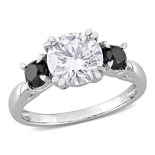 3-Stone Black Diamond & Moissanite Ring in 10k White Gold