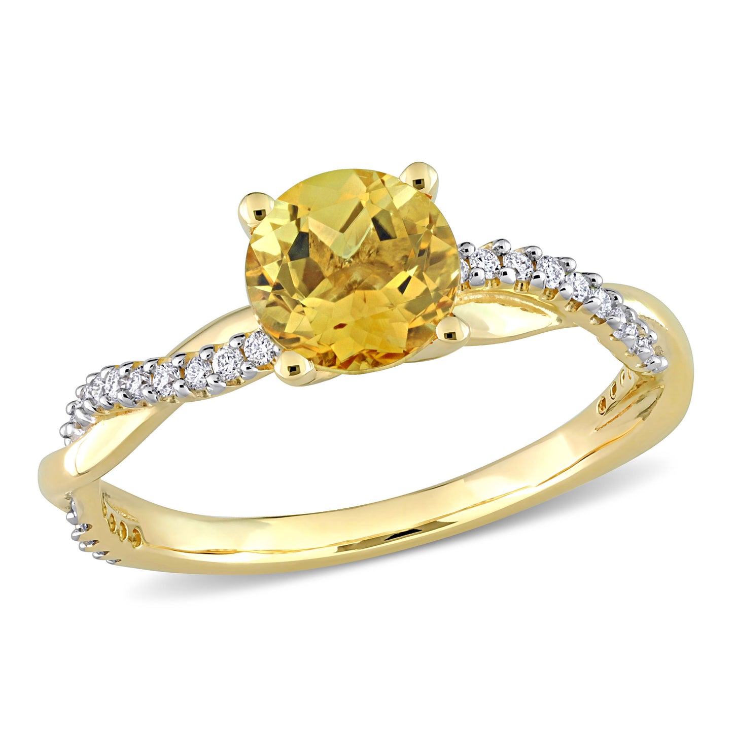 Round Cut Citrine & Diamond Crossover Ring in 14k Yellow Gold