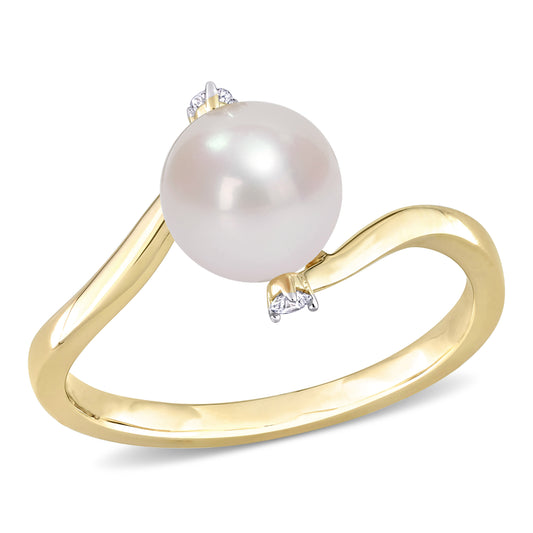 Pearl & Diamond Accent Bypass Ring in 10k Yellow Gold