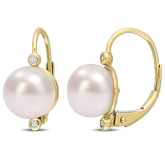 Pearl & Diamond Accent Drop Earrings in 10k Yellow Gold