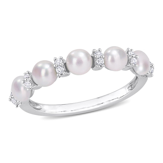 Pearl & White Topaz Semi Eternity Ring in Sterling Silver