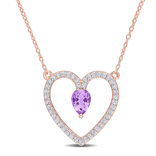 1 1/8ct Amethyst & White Topaz Heart Necklace in Rose Silver