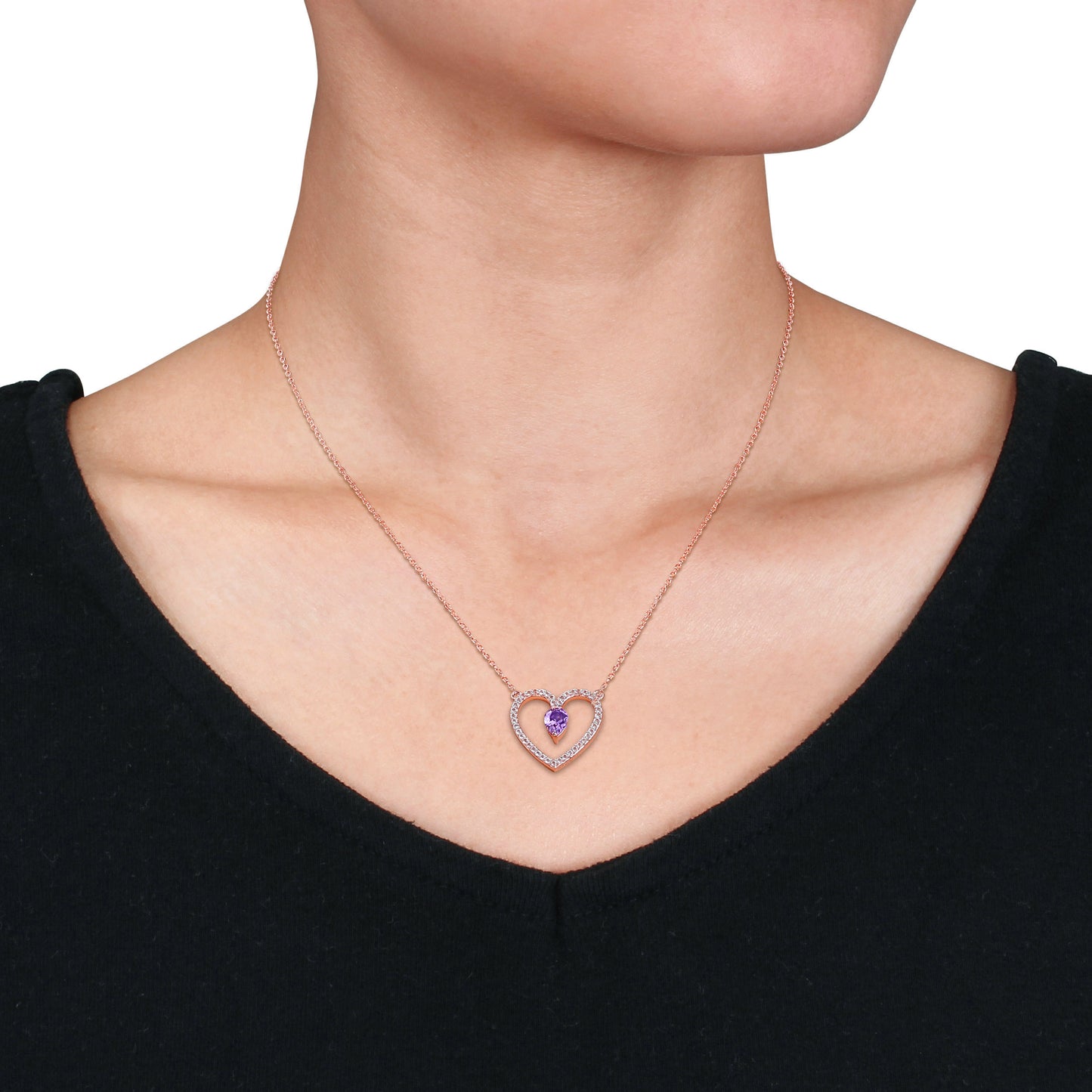 1 1/8ct Amethyst & White Topaz Heart Necklace in Rose Silver