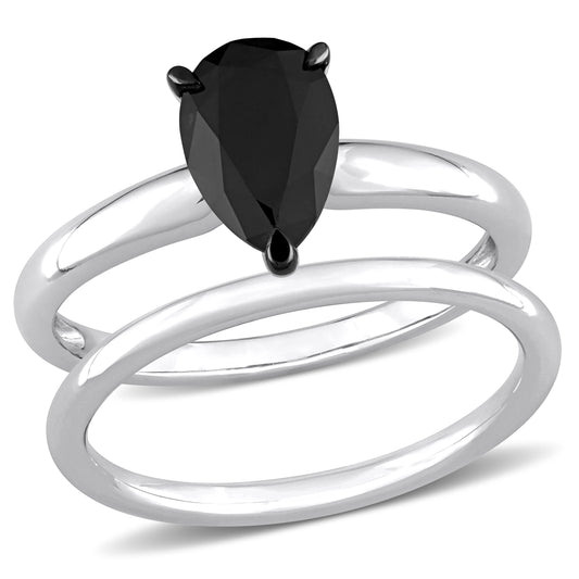 Pear Cut Black Diamond Engagement Bridal Set in 14k White Gold