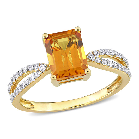 Emerald Cut Citrine & Diamond Ring in 14k Yellow Gold
