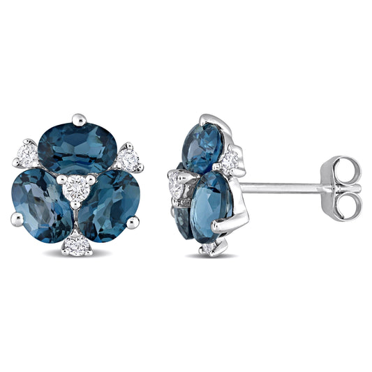 London Blue Topaz & Diamond Floral Studs in 14k White Gold