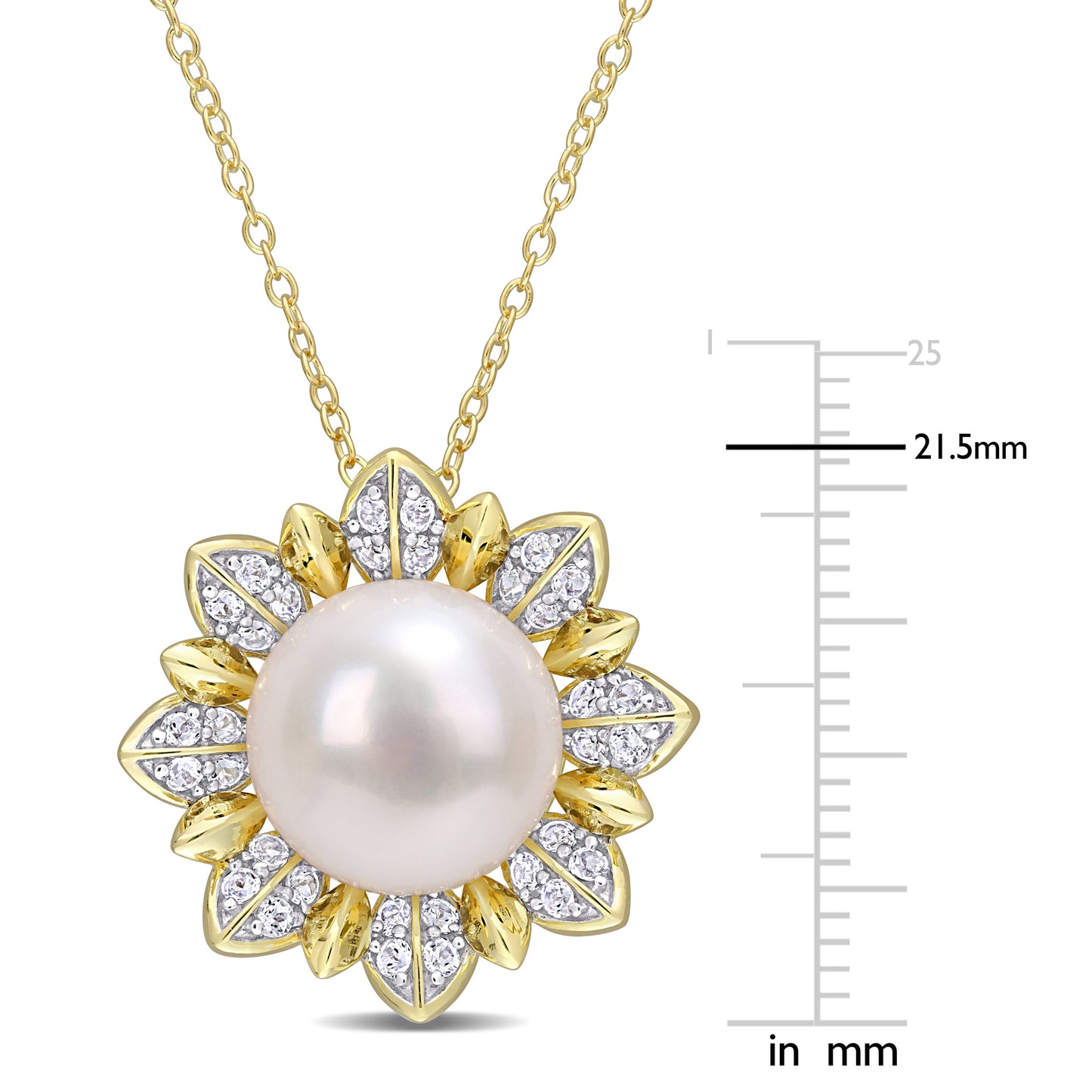 Pearl & White Topaz Flower Necklace in Yellow Silver