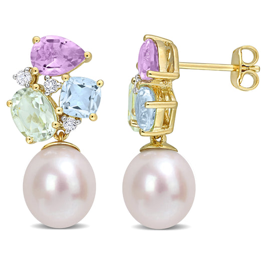 Pearl & Multi-Color Gemstone Drop Earrings in Yellow Silver