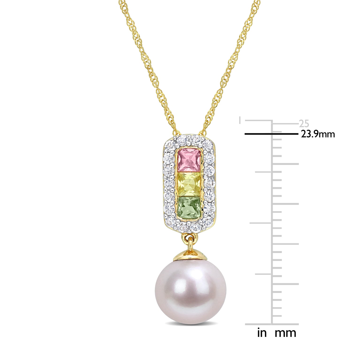 Pearl & Multi Color Sapphire Halo Necklace in 14k Yellow Gold