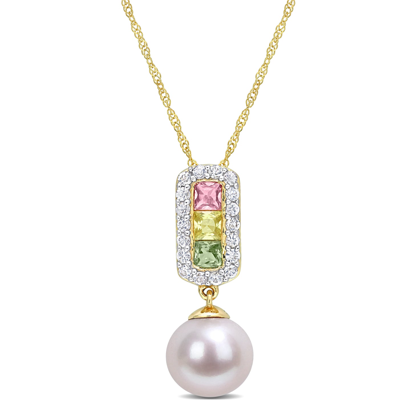 Pearl & Multi Color Sapphire Halo Necklace in 14k Yellow Gold