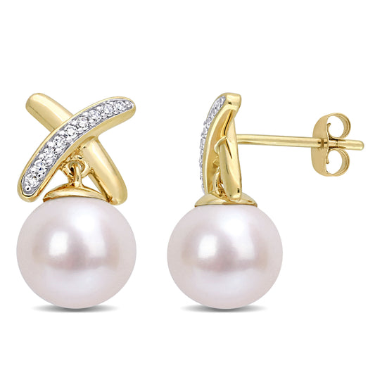 Pearl & Diamond 'X' Drop Earrings in 14k Yellow Gold