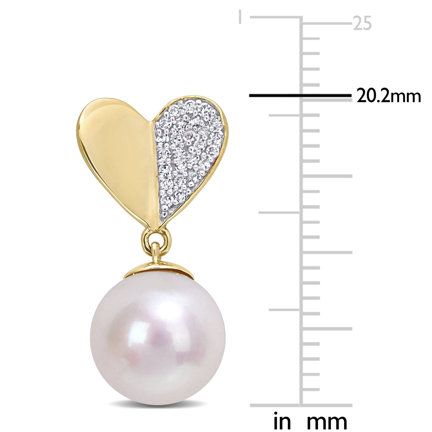 Pearl & Diamond Heart Drop Earrings in 14k Yellow Gold