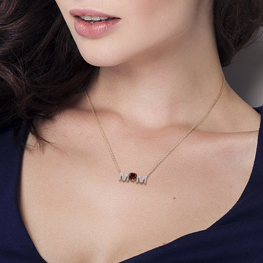 Garnet & Diamond Heart "MOM" Necklace in Yellow Plated Sterling Silver