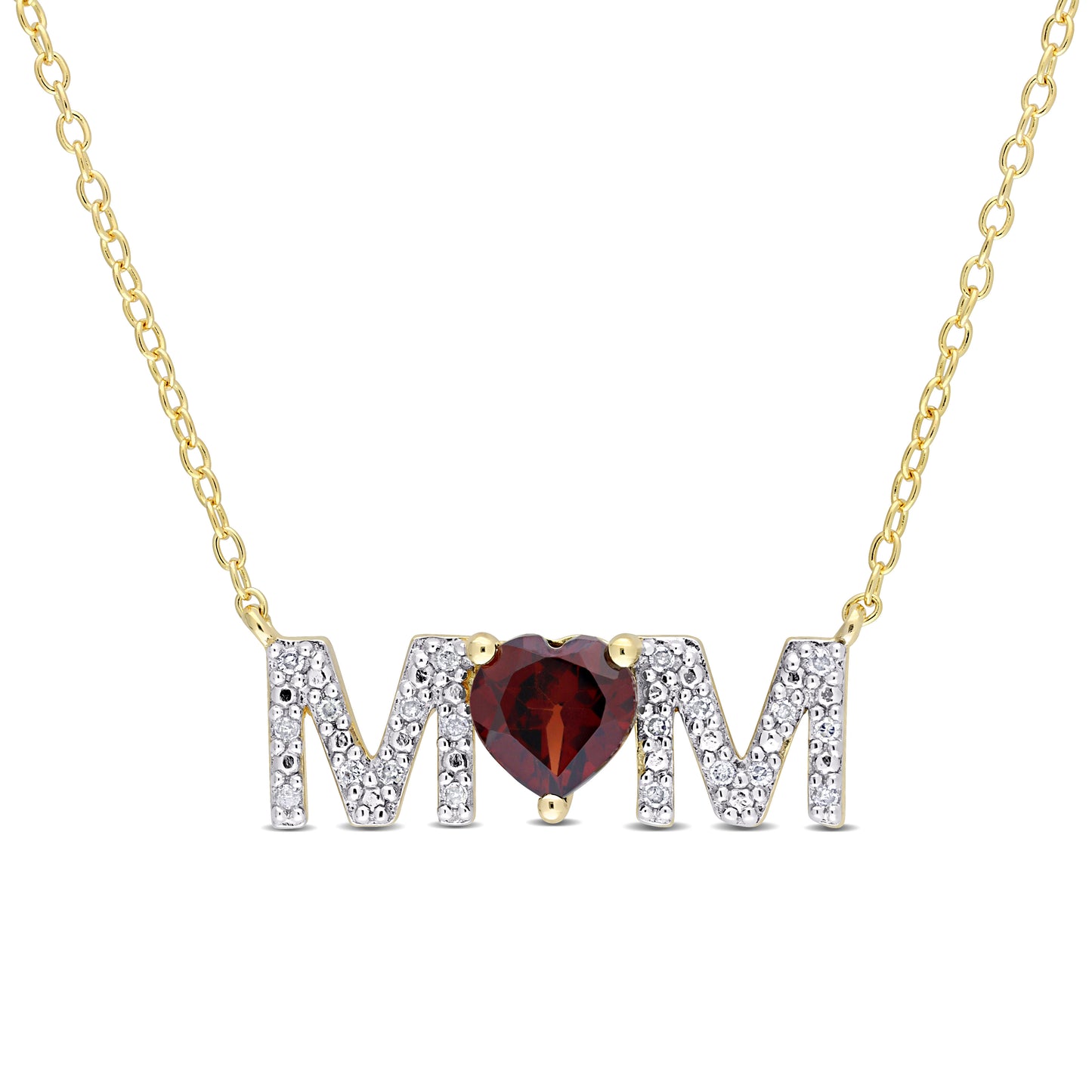 Garnet & Diamond Heart "MOM" Necklace in Yellow Plated Sterling Silver