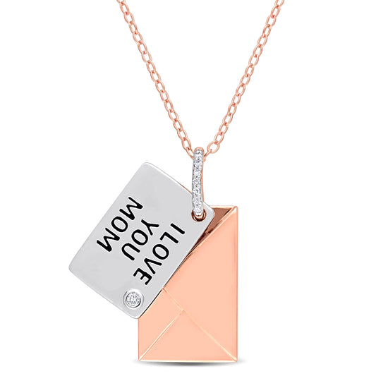 "I Love You Mom" Charm Diamond Necklace in Rose Silver