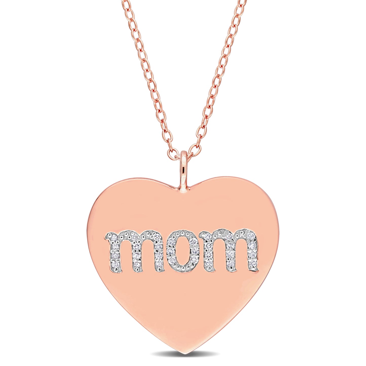 "Mom" Heart Diamond Necklace in Rose Silver