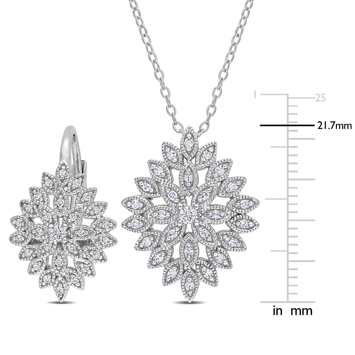 Diamond Cluster Necklace & Earrings Set in Sterling Silver